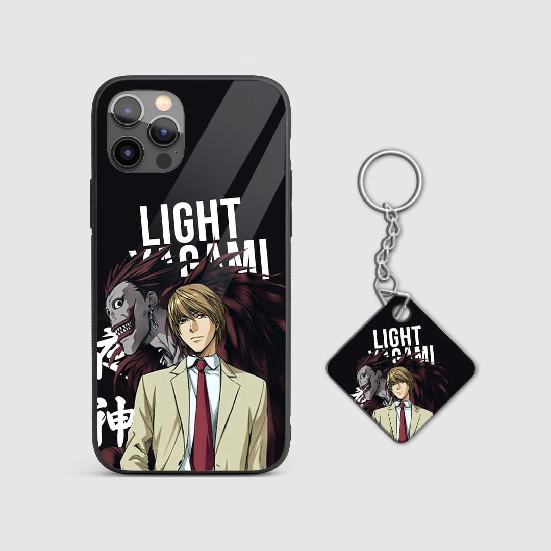 Striking design of Light Yagami and Ryuk on a durable silicone phone case, capturing their dark alliance with Keychain.