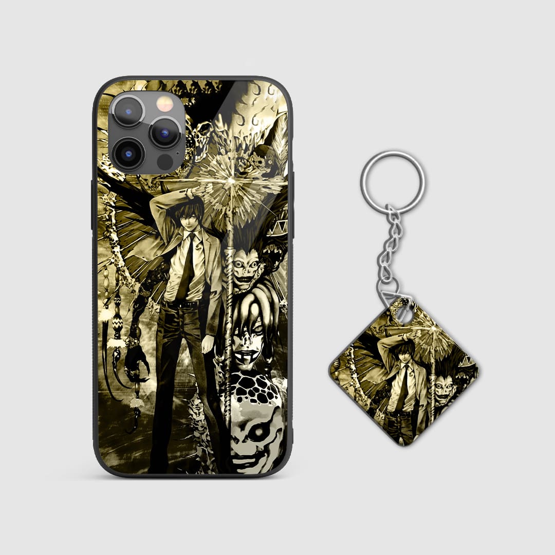 Dynamic design of Light Yagami and the Shinigami on a high-quality silicone phone case with Keychain.