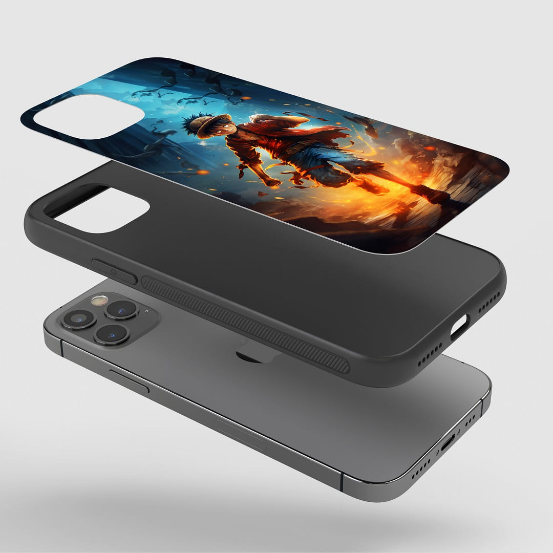 Luffy Cinematic Phone Case installed on a smartphone, showcasing clear access to all buttons and ports.