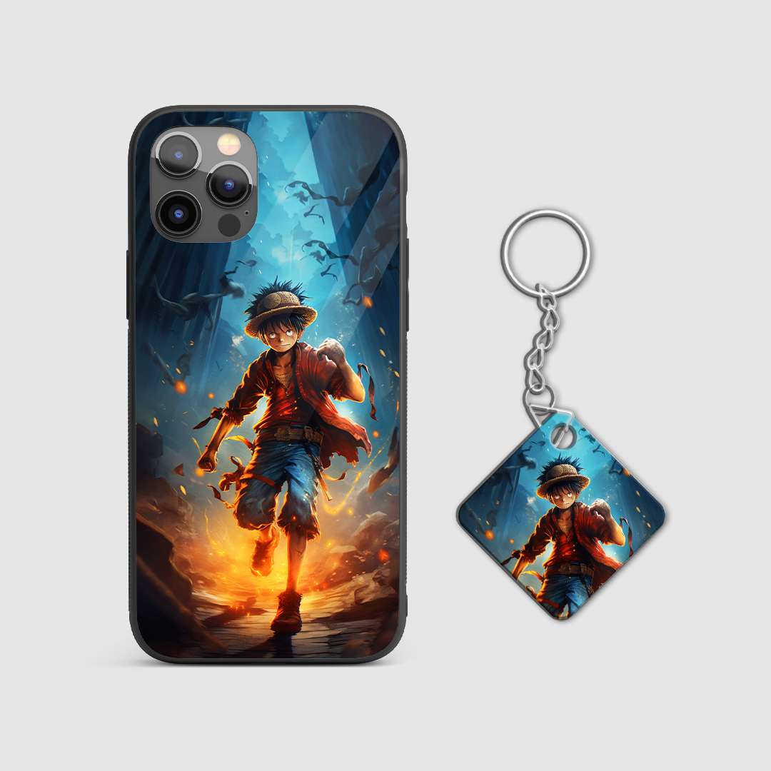 Close-up of Luffy's dynamic action captured on the silicone armored phone case with Keychain.