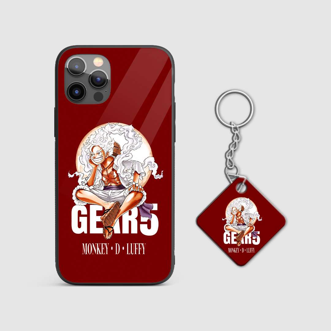 Close-up of Luffy’s Gear 5 form on the vibrant and dynamic armored phone case with Keychain.