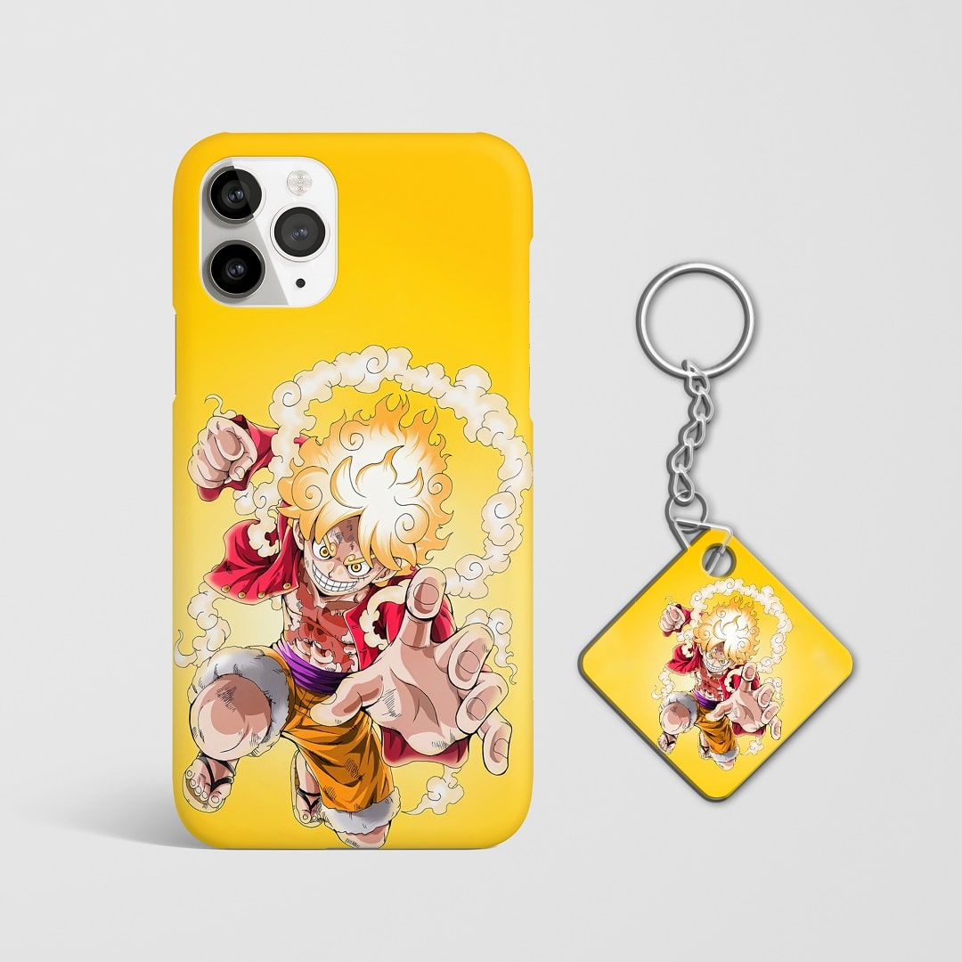 Close-up of Luffy Gear 5 Yellow Phone Cover, highlighting the detailed yellow artwork and matte finish with Keychain.