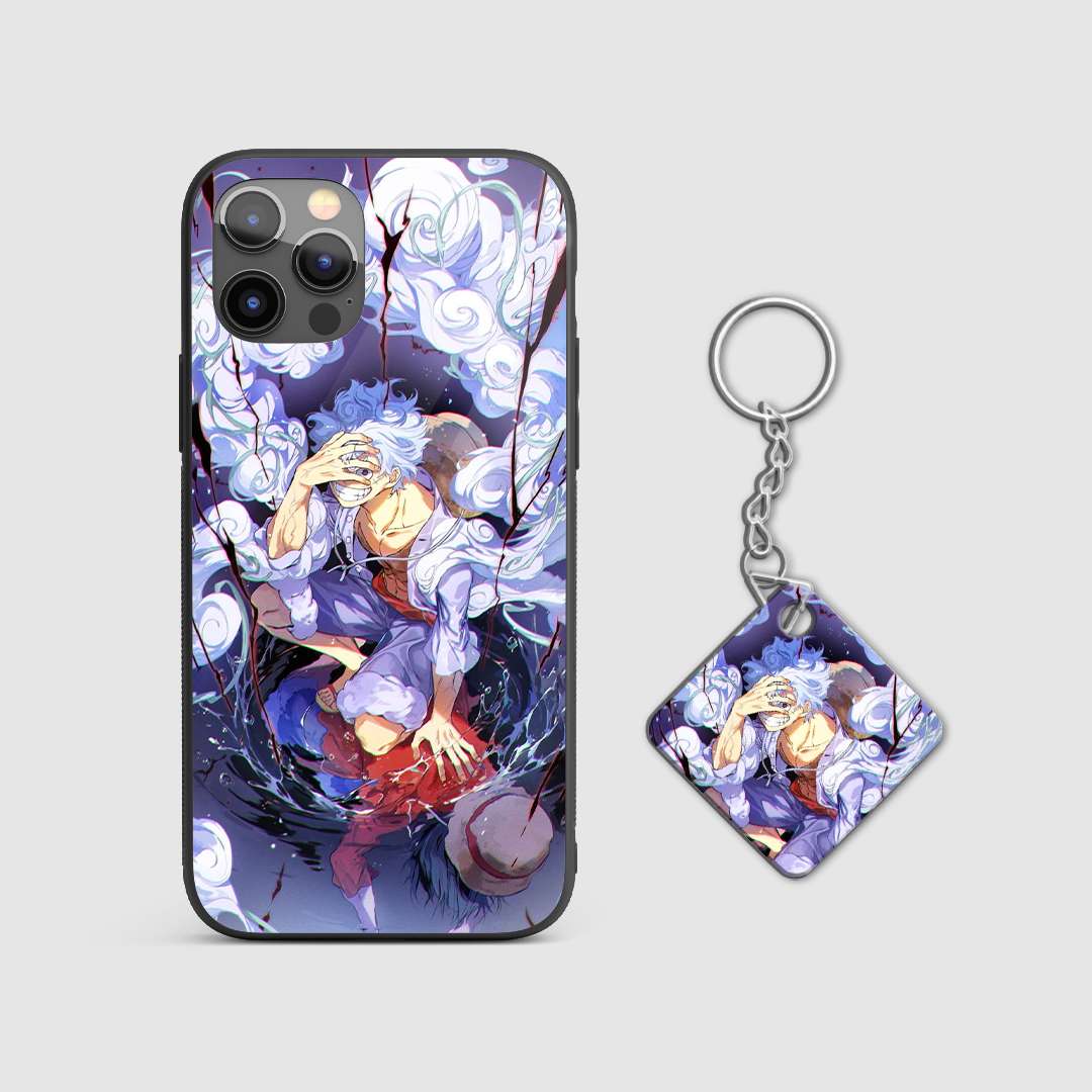 Detailed view of the colorful and dynamic depiction of Luffy on the armored phone case with Keychain.