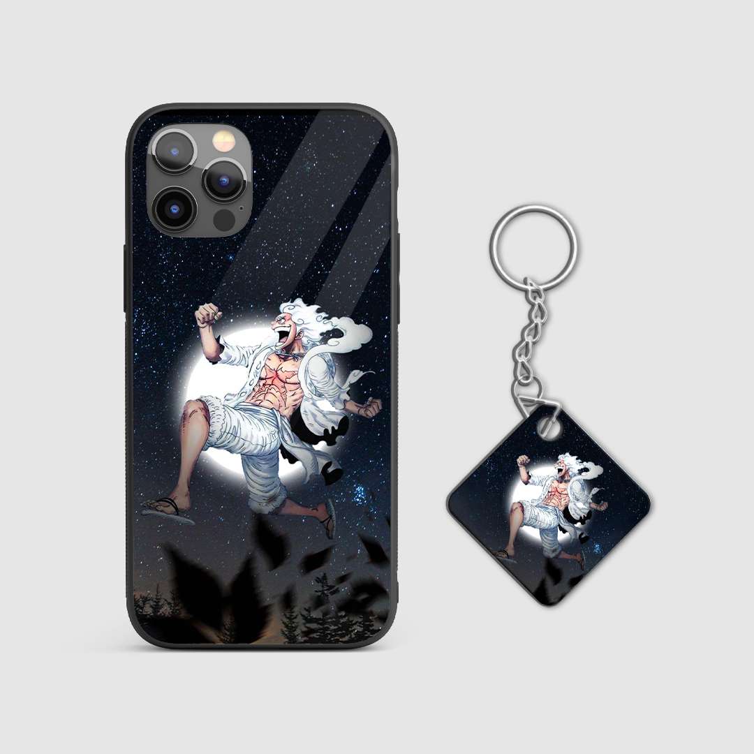 Close-up of the artistic depiction of Luffy and the moon on the silicone phone case with Keychain.