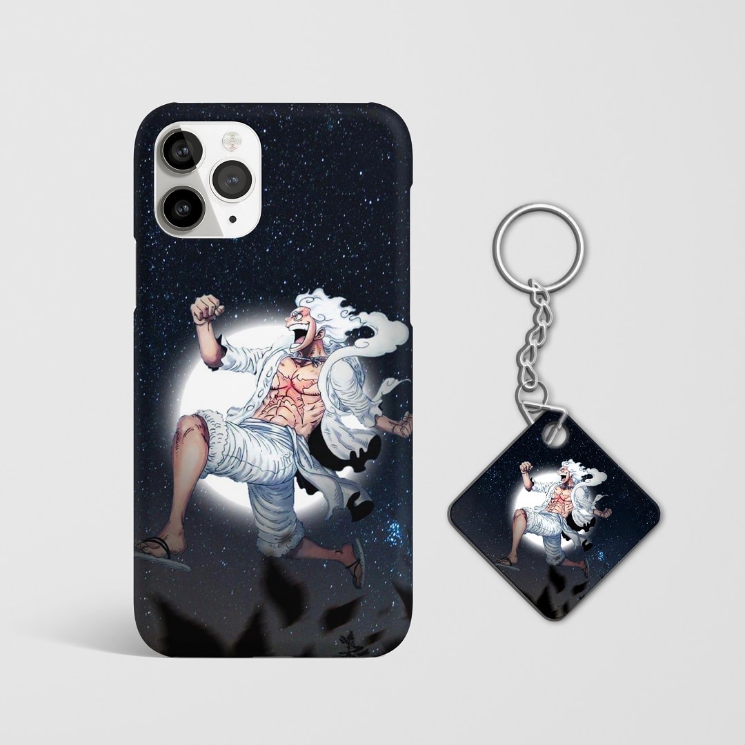 Close-up of Luffy Joyboy Moon Phone Cover, highlighting the intricate moon graphic and matte texture with Keychain.