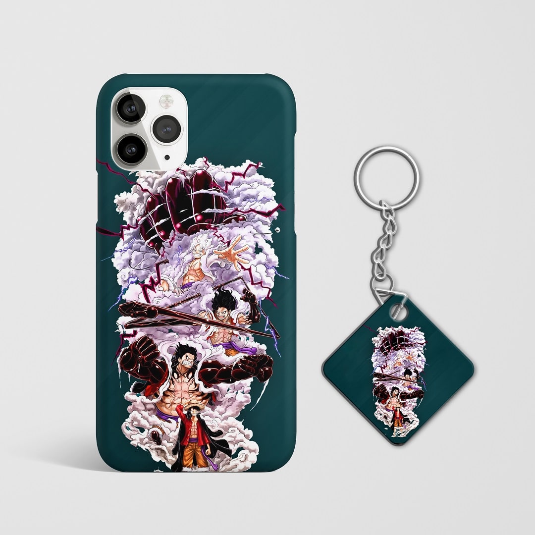 Close-up of Luffy Joyboy Transformation Phone Cover, highlighting the detailed transformation graphic and matte texture with Keychain.