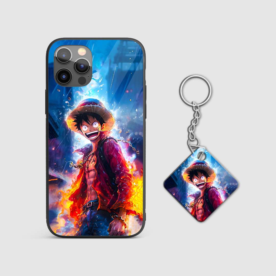 Close-up of Luffy's cheerful face on the vibrant silicone armored phone case with Keychain.
