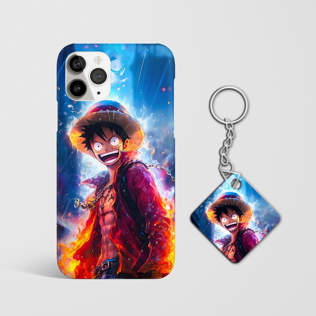 Close-up of Luffy Laughing Phone Cover, highlighting the detailed laughing graphic and matte texture with Keychain.