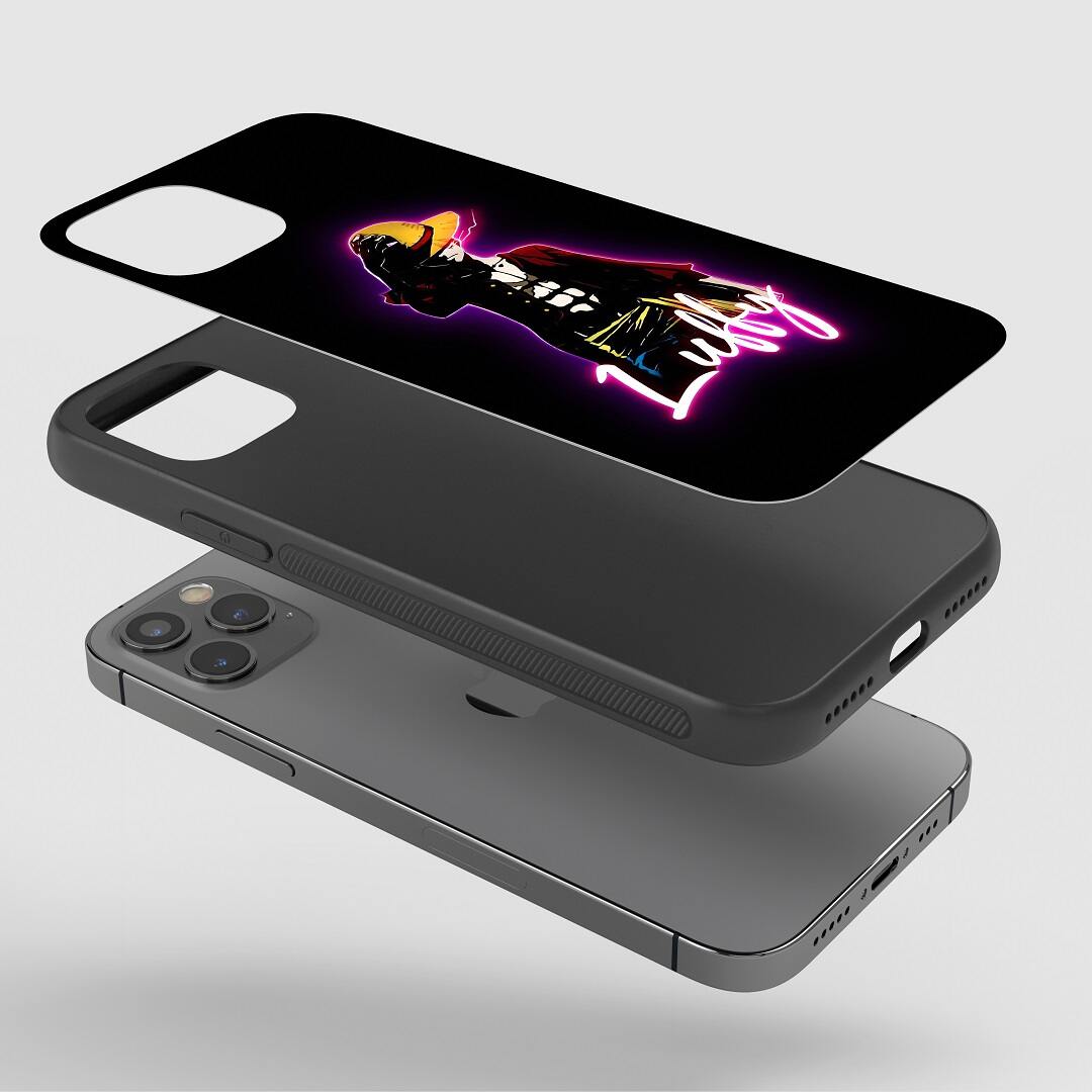 Luffy Neon Phone Case fitted on a smartphone, showcasing easy access to all ports and buttons.