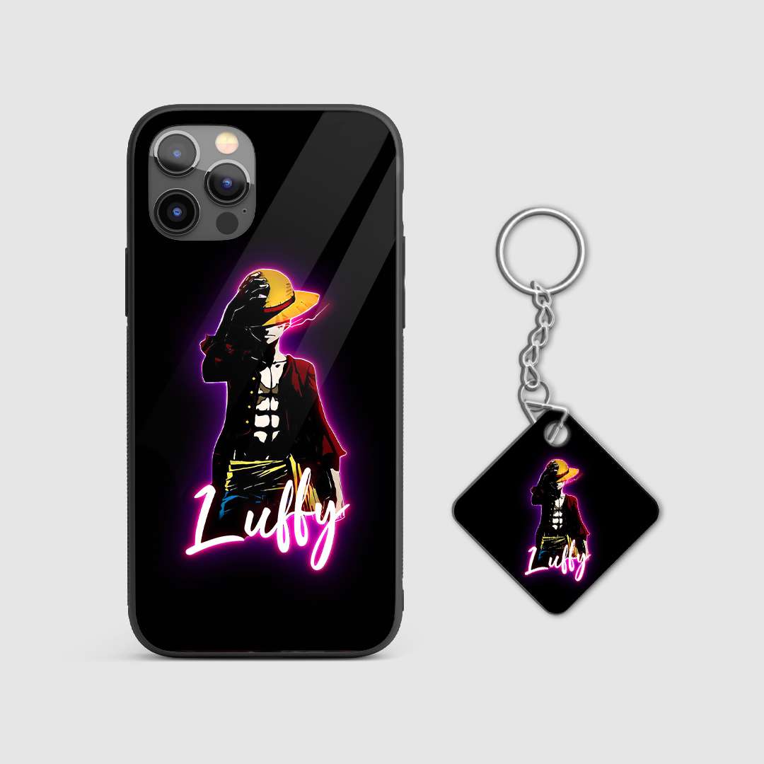 Close-up view of the neon artwork depicting Luffy on the silicone armored phone case with Keychain.