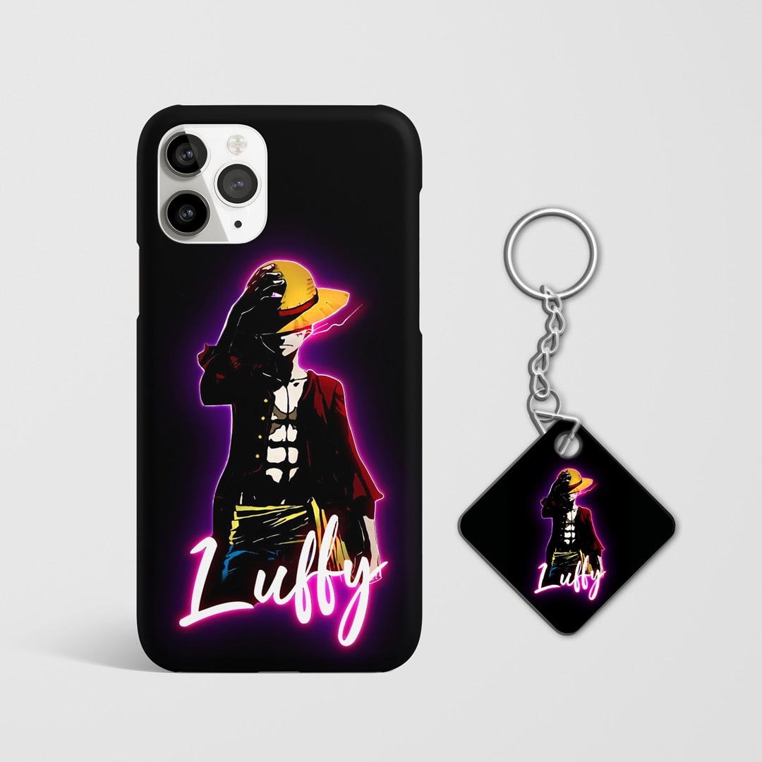 Close-up of Luffy Neon Light Phone Cover, highlighting the neon light graphic and matte texture with Keychain.