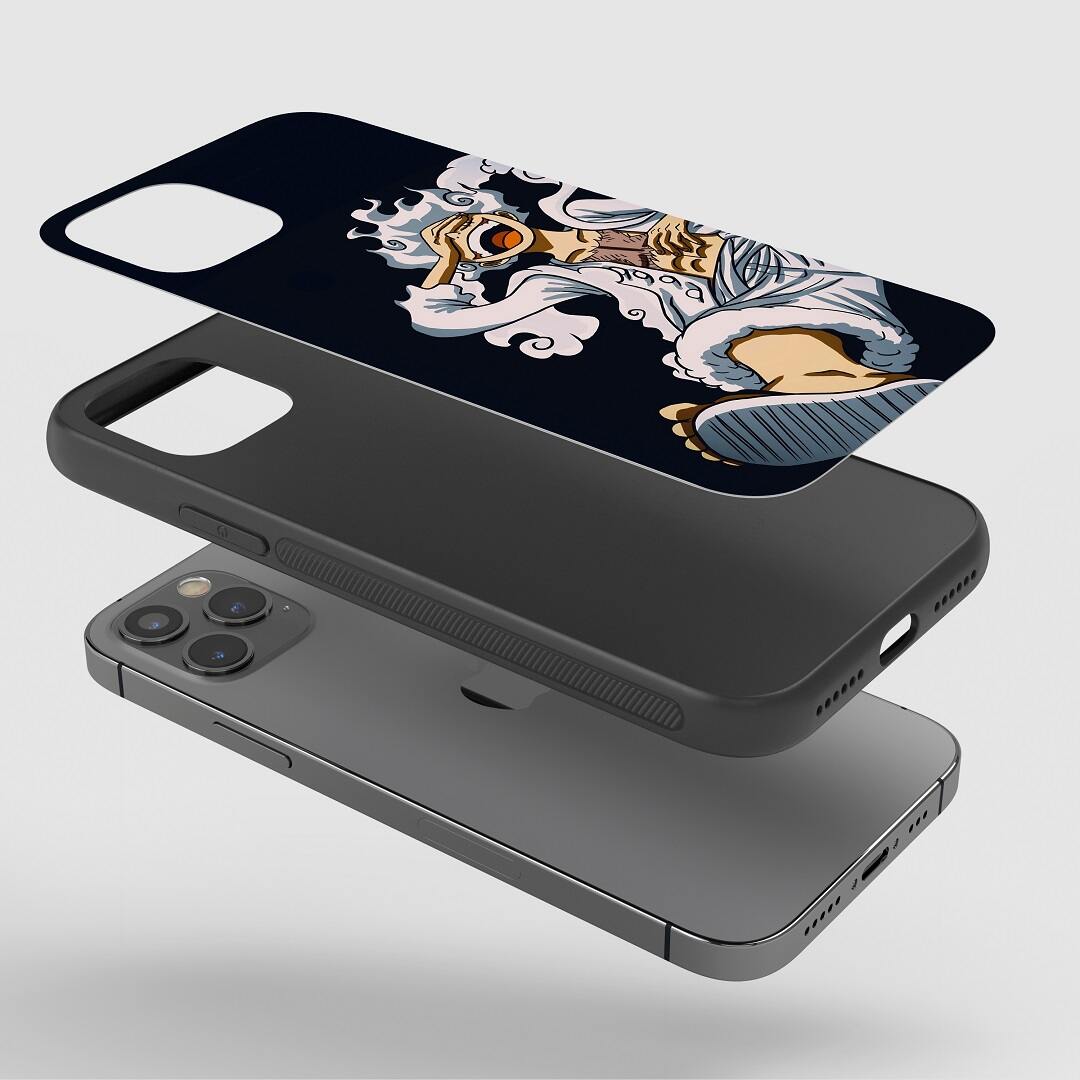 Luffy Nika Sun Phone Case fitted on a smartphone, highlighting clear access to all functionalities.