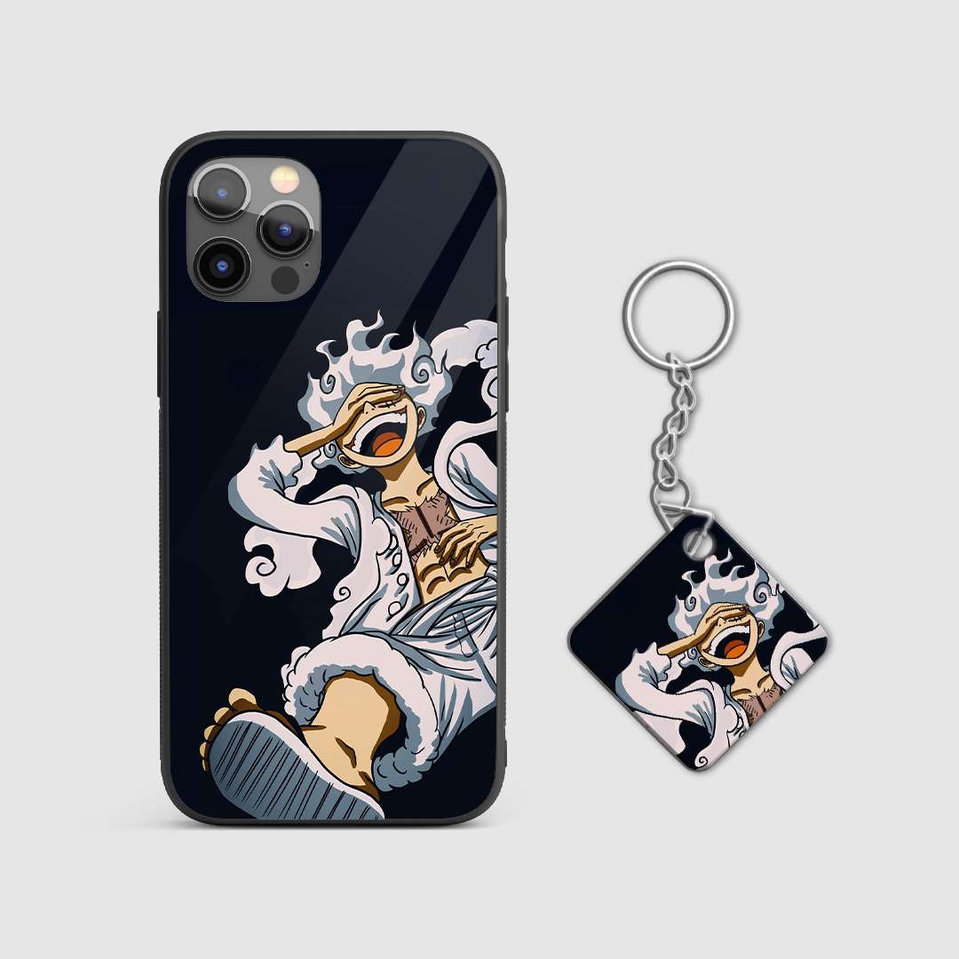 Close-up of Luffy’s radiant Sun God transformation on the silicone armored phone case with Keychain.