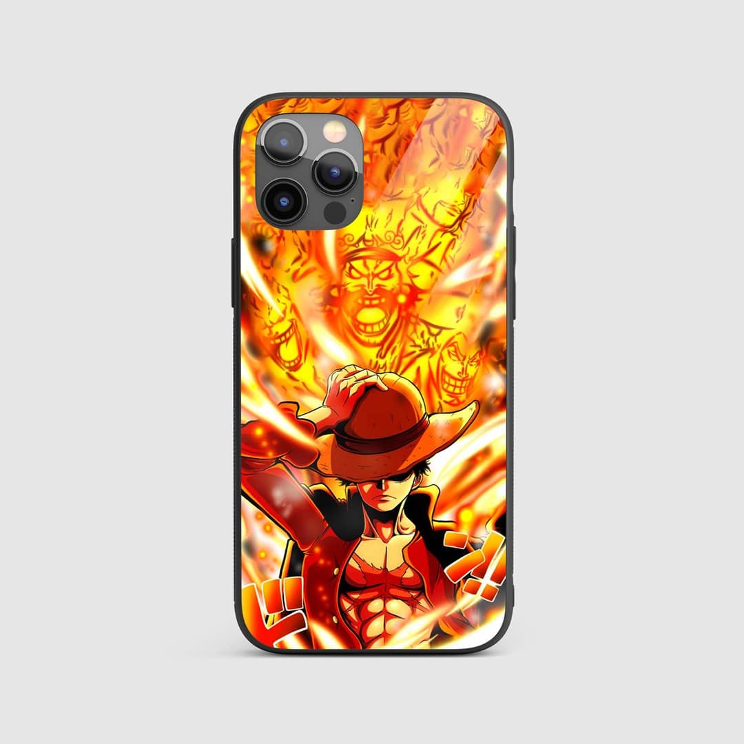 Luffy Flame Silicone Armored Phone Case with a dynamic image of Luffy surrounded by flames.