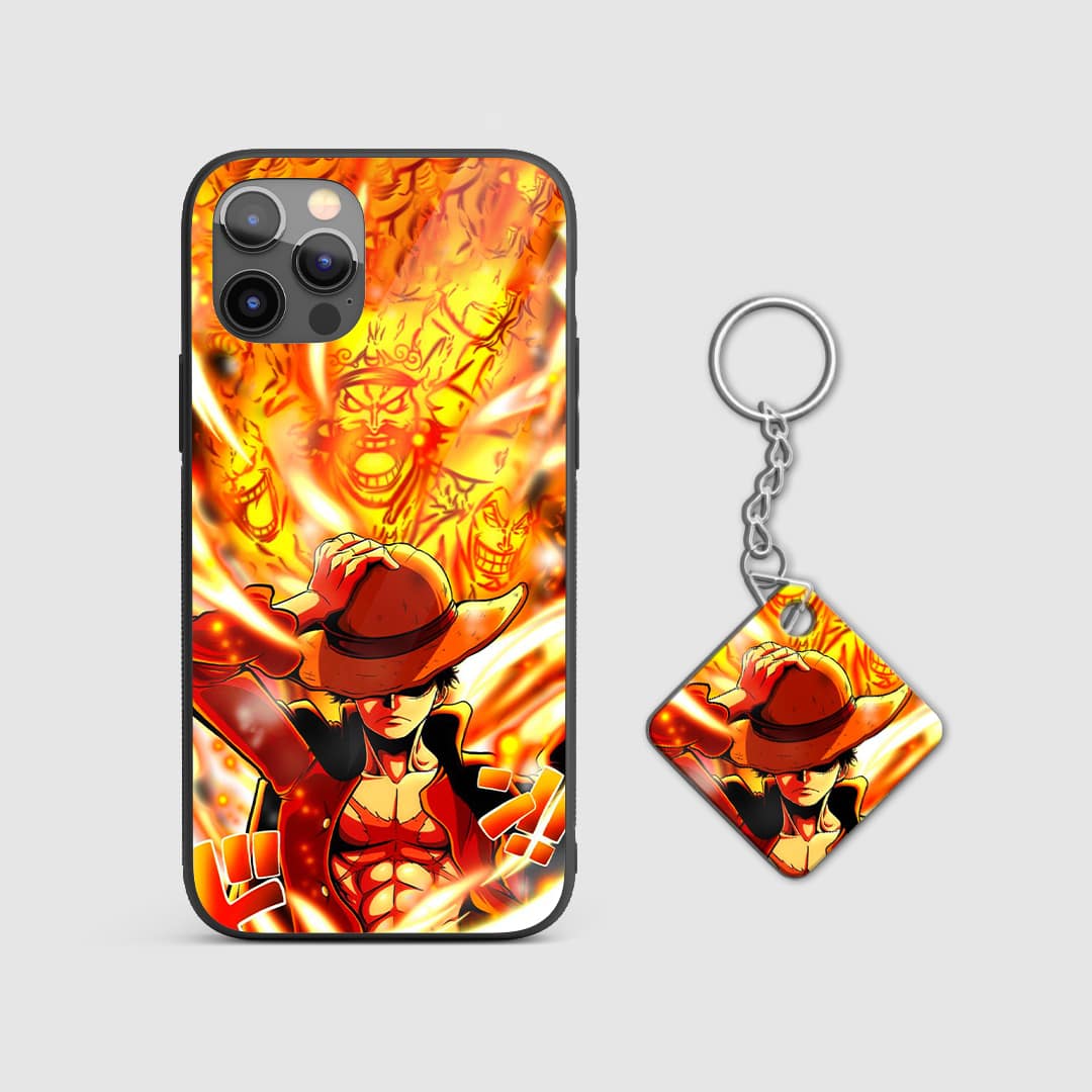 Detailed image of Luffy in flames, highlighting his intense expression on the phone case with Keychain.