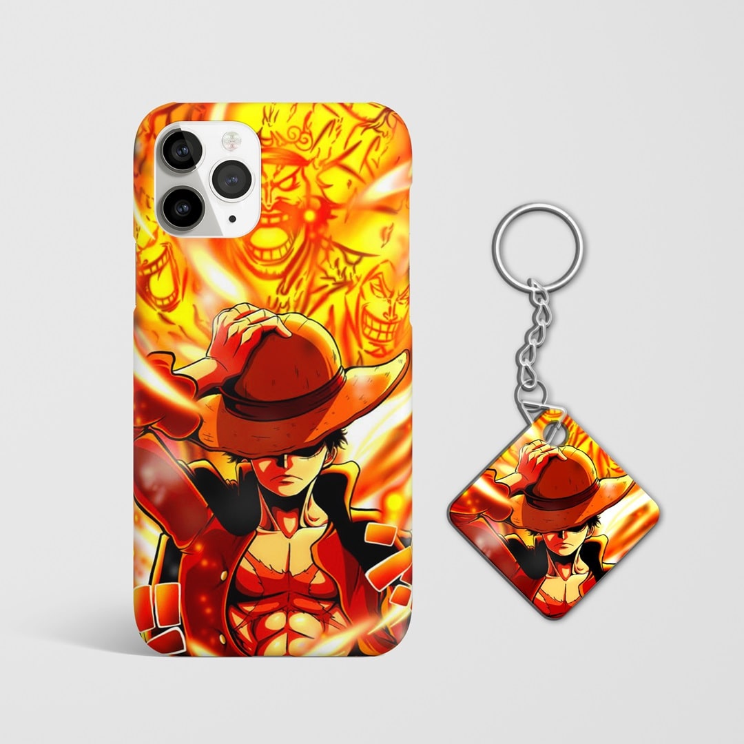 Close-up of Luffy Orange Flame Phone Cover, highlighting the intense orange flames and detailed graphic with Keychain.
