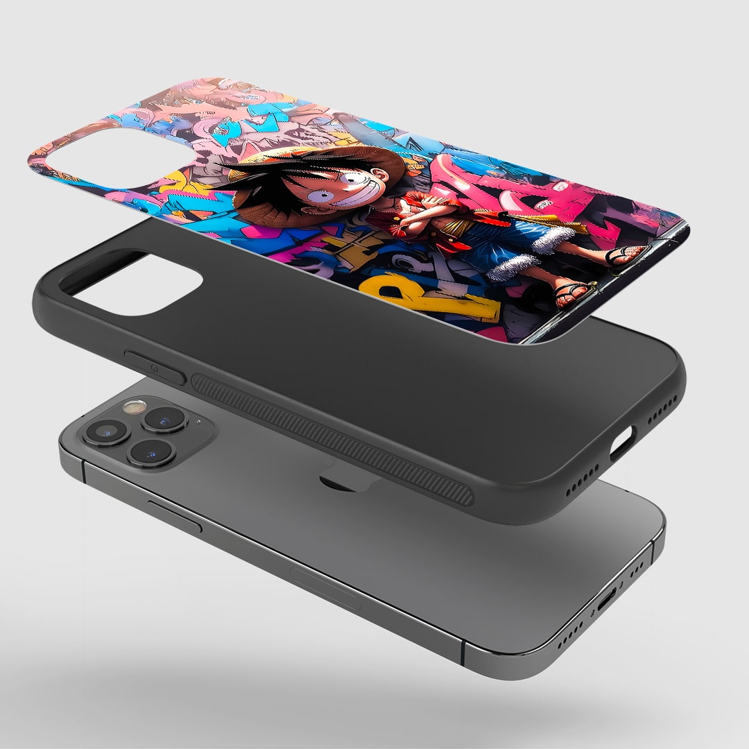 Angled view of Luffy Graffiti Phone Case showcasing urban anime style.