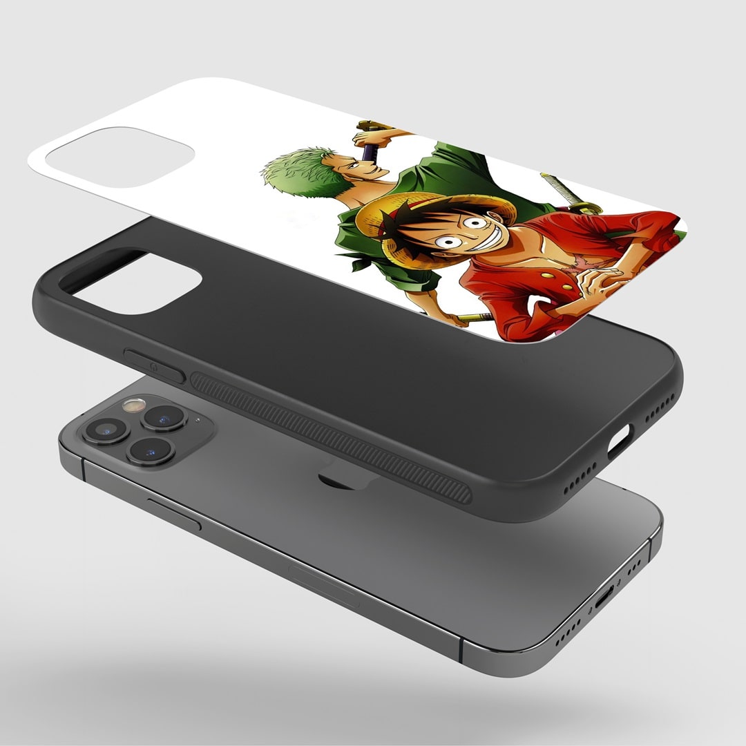 Luffy & Zoro Phone Case on a smartphone, illustrating easy access to ports and buttons.