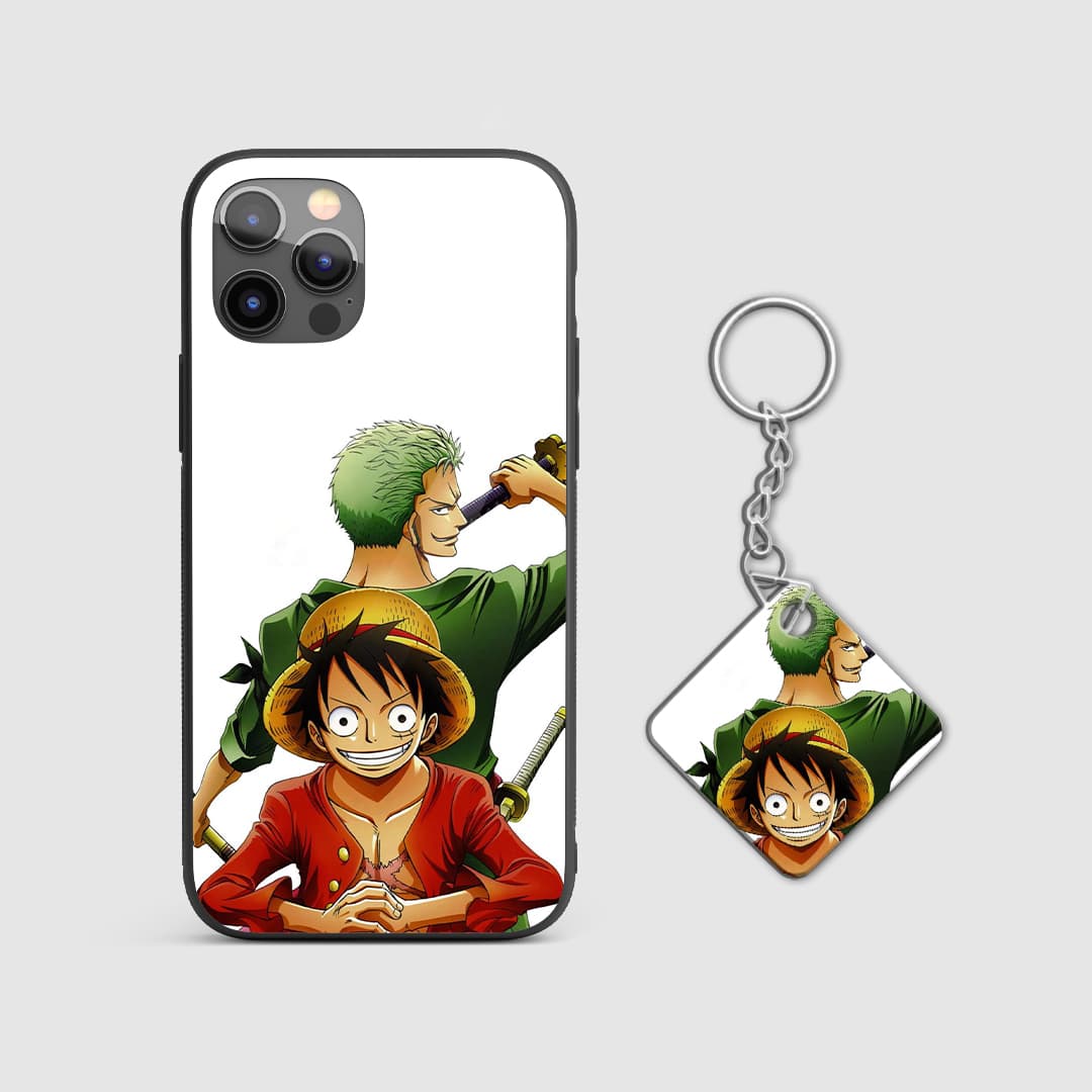 Detailed view of Luffy and Zoro ready for action on the armored phone case with Keychain.