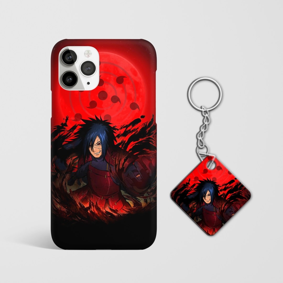Close-up of the Madara Uchiha Phone Cover, showcasing the detailed 3D matte design with Keychain.