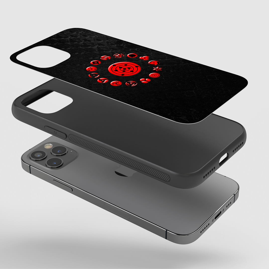 Mangekyou Sharingan Phone Case on a smartphone, highlighting functionality and ease of access.