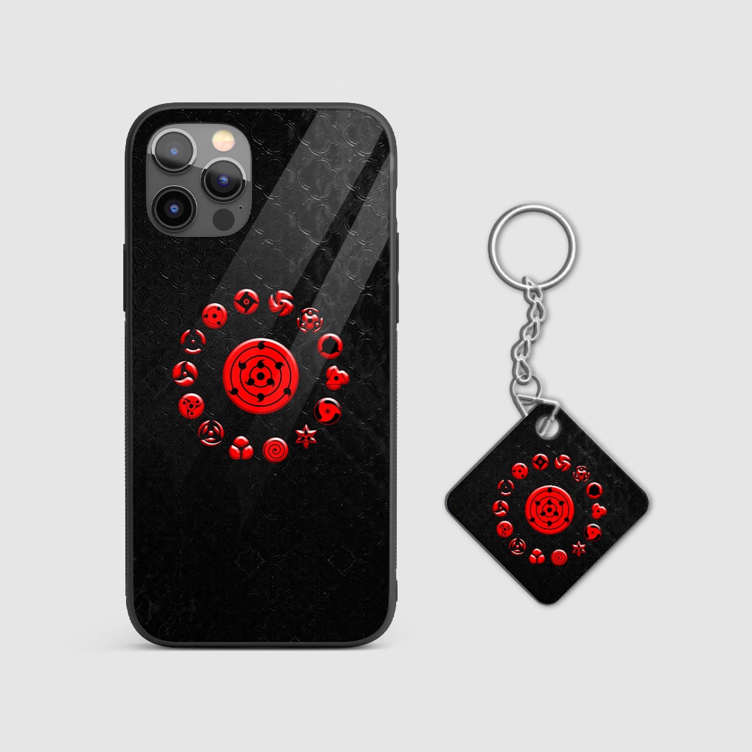 Detailed view of the Mangekyou Sharingan design on the armored phone case with Keychain
