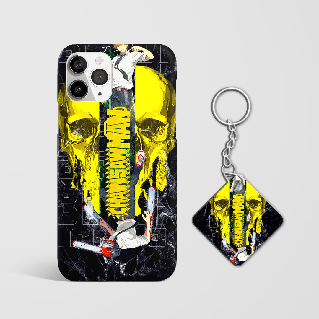Back design of Chainsaw Man Mask Madness case with Keychain