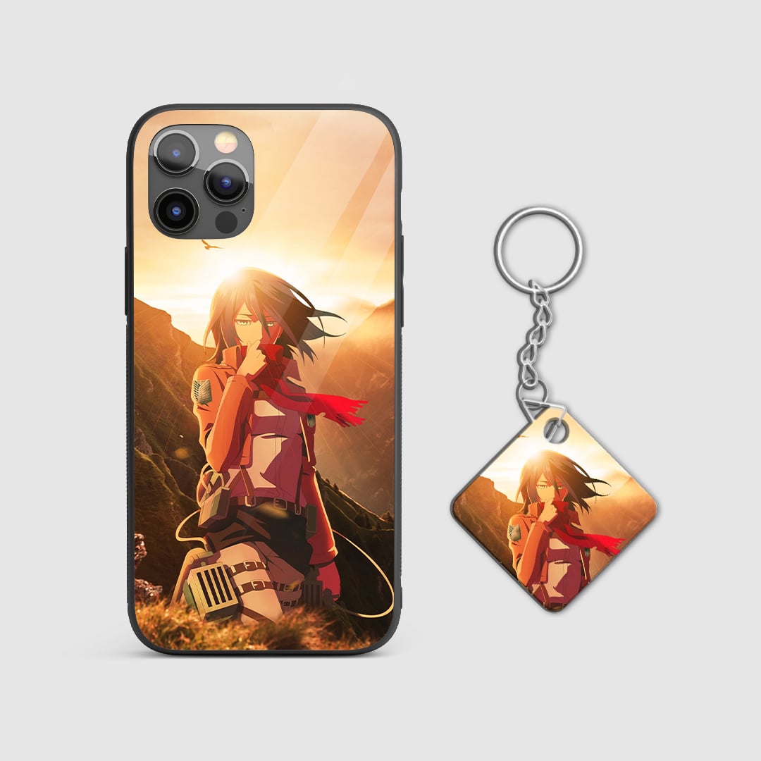 Captivating aesthetic design of Mikasa Ackerman from Attack on Titan on a durable silicone phone case with Keychain.
