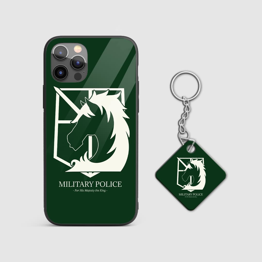 Iconic design of the Military Police Regiment from Attack on Titan on a durable silicone phone case with Keychain.