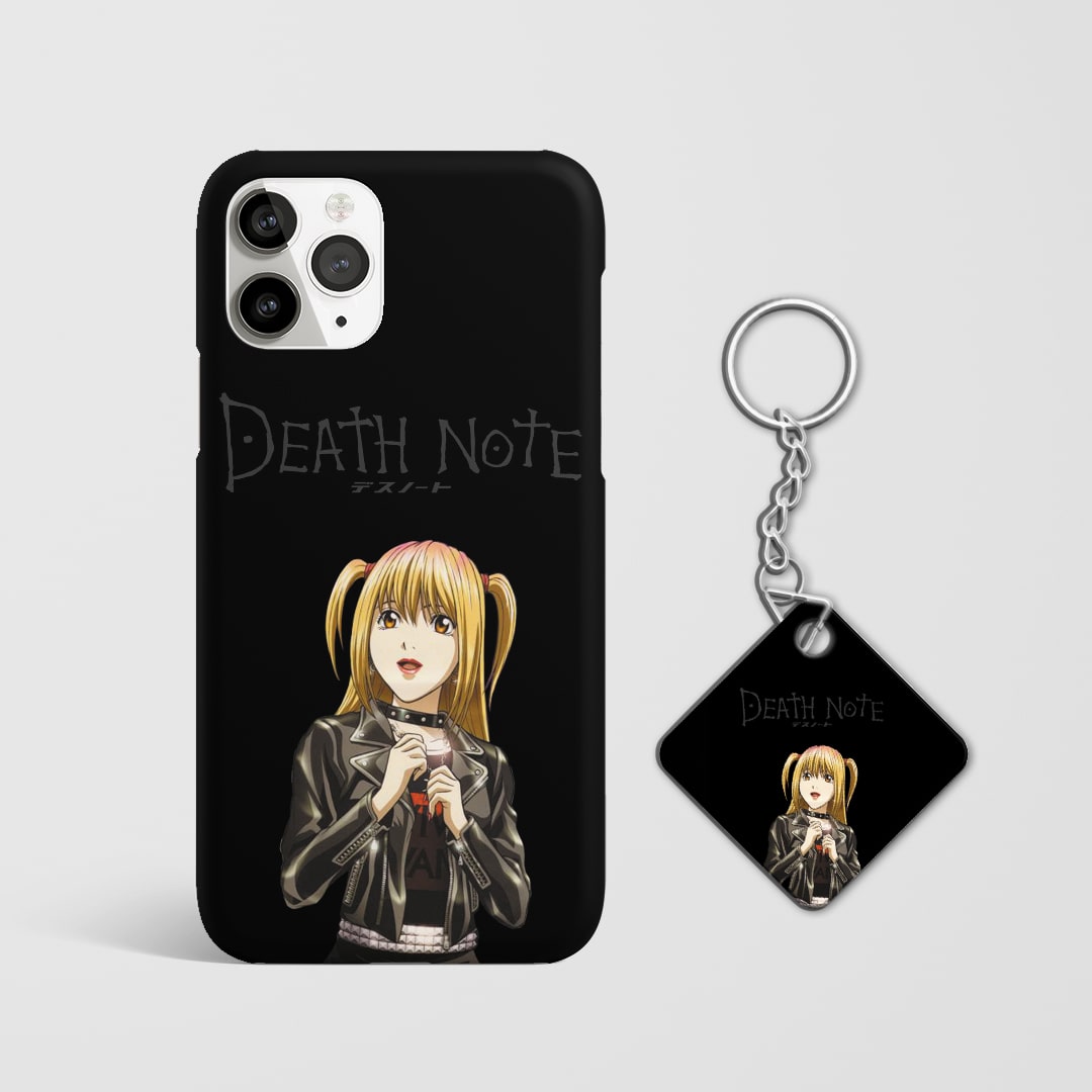 Close-up of Misa Amane’s intense expression on phone case with Keychain.