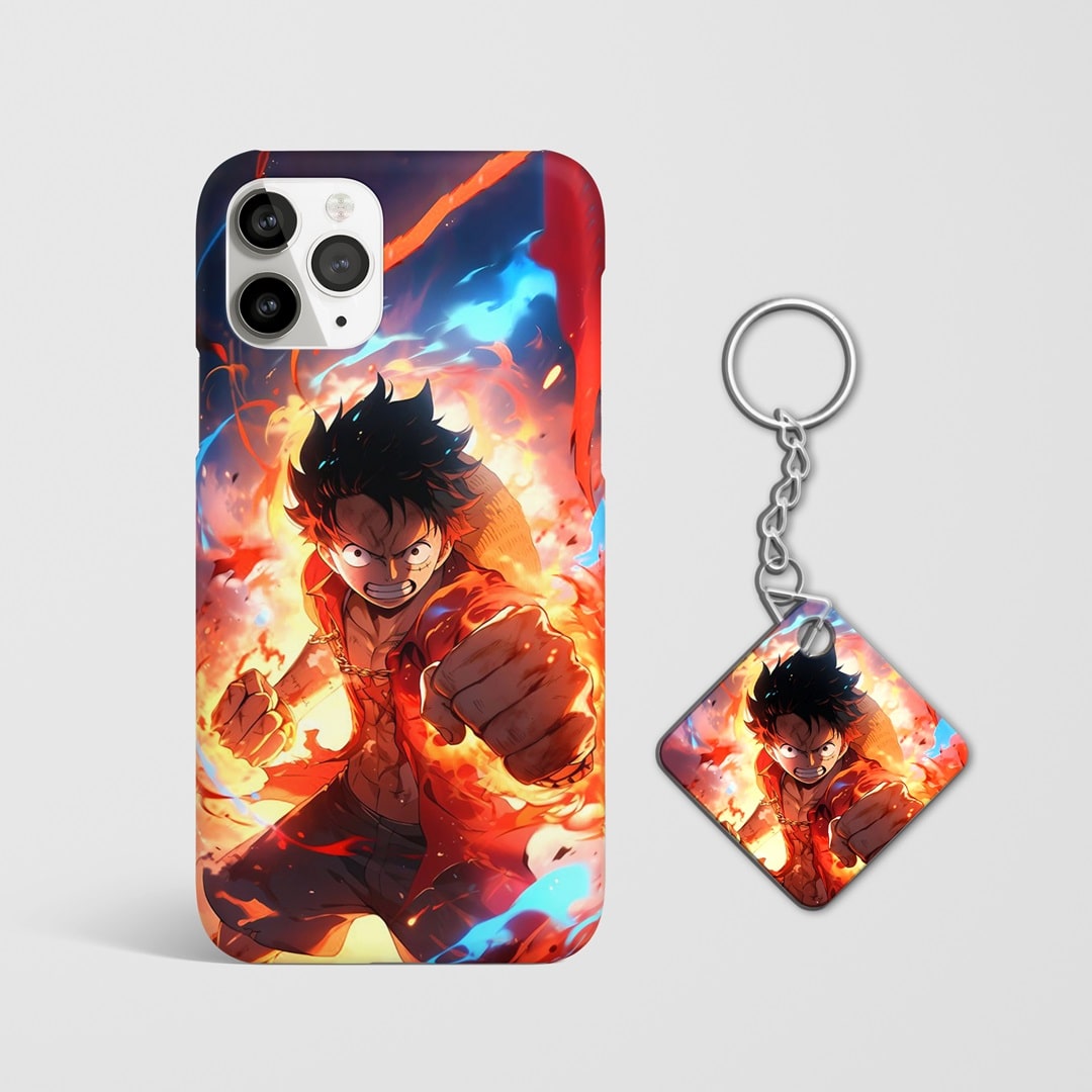 Close-up of Monkey D Luffy Action Phone Cover, showcasing detailed graphics of Luffy with Keychain.