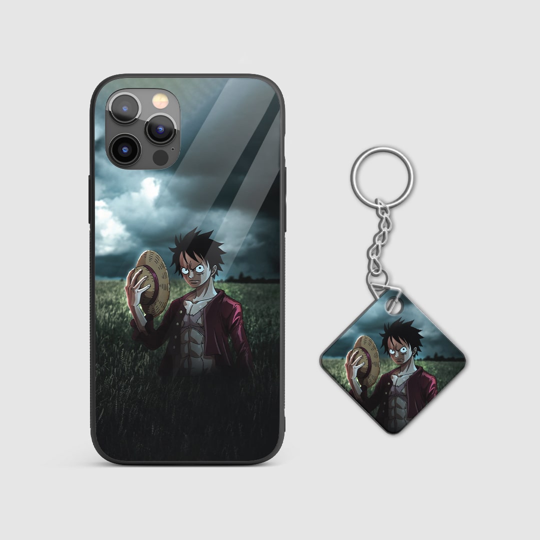 Close-up of the dark and stylish design featuring Monkey D. Luffy on the armored phone case with Keychain.