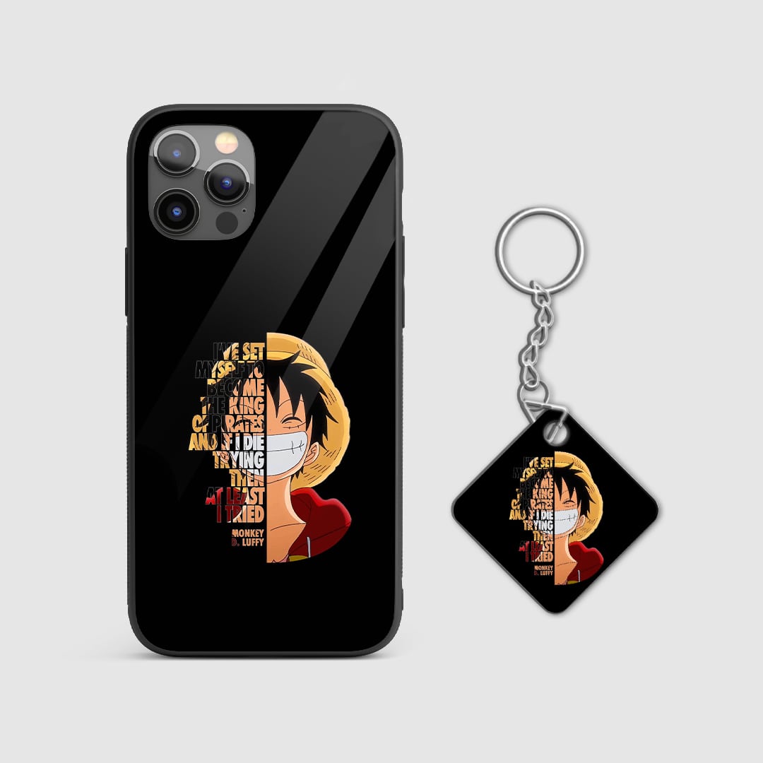 Close-up of Luffy's quote on the durable silicone armored phone case with Keychain.