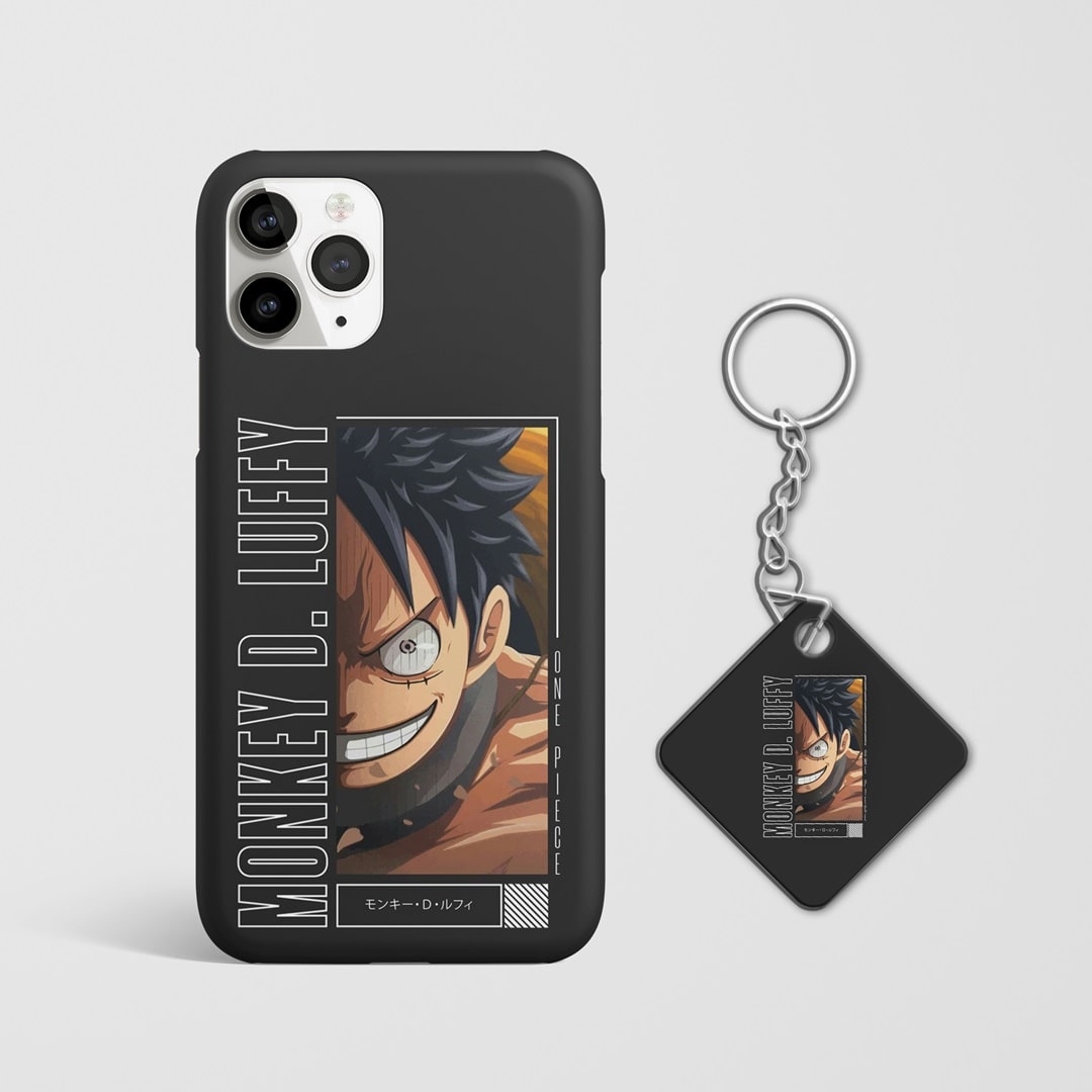 Close-up of Monkey D Luffy Synopsis Phone Cover, highlighting detailed synopsis with Keychain.