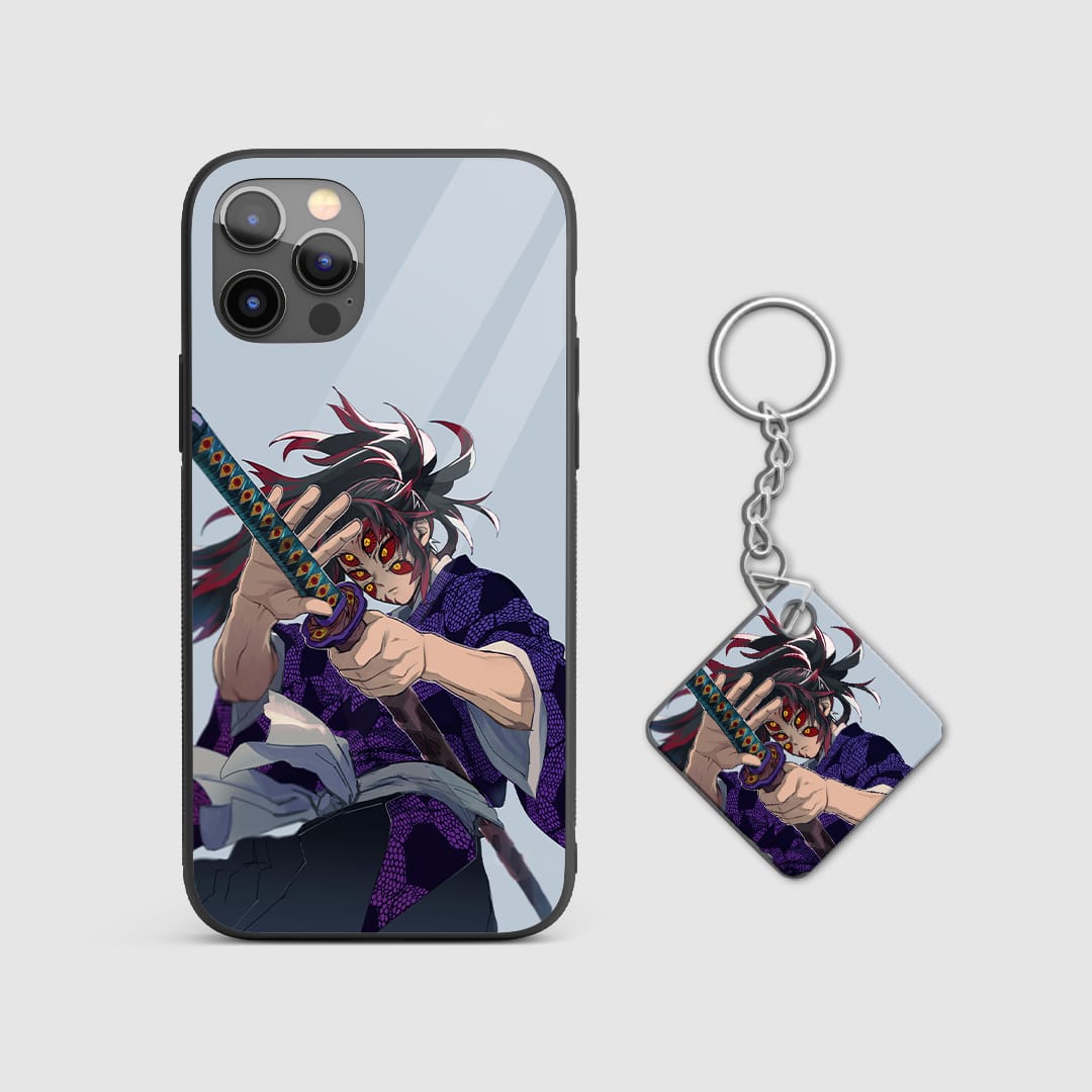 Powerful design of Muzan Kibutsuji from Demon Slayer on a durable silicone phone case with Keychain.