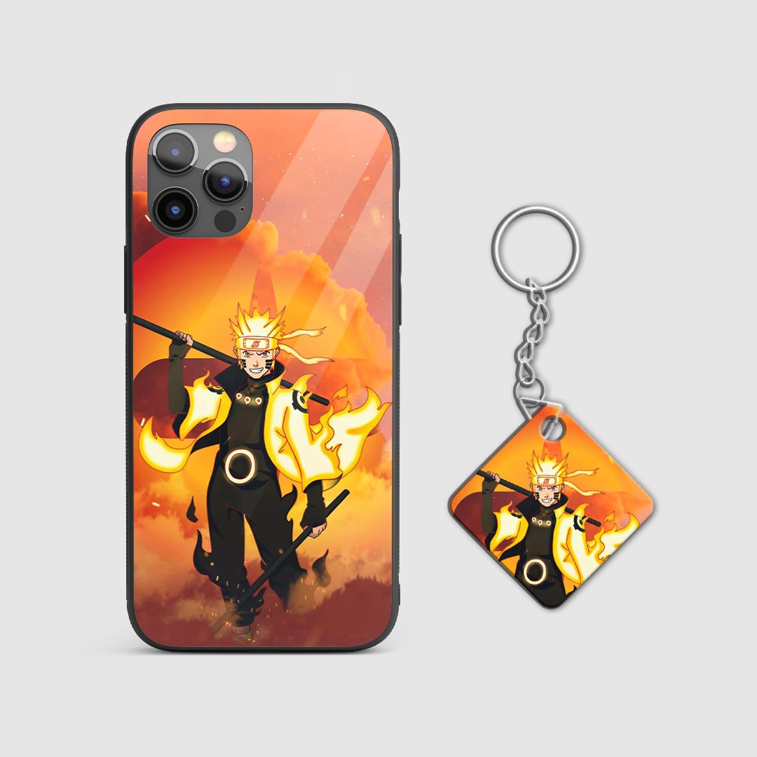 Detailed view of the colorful chakra energy design on the Naruto phone case with Keychain.