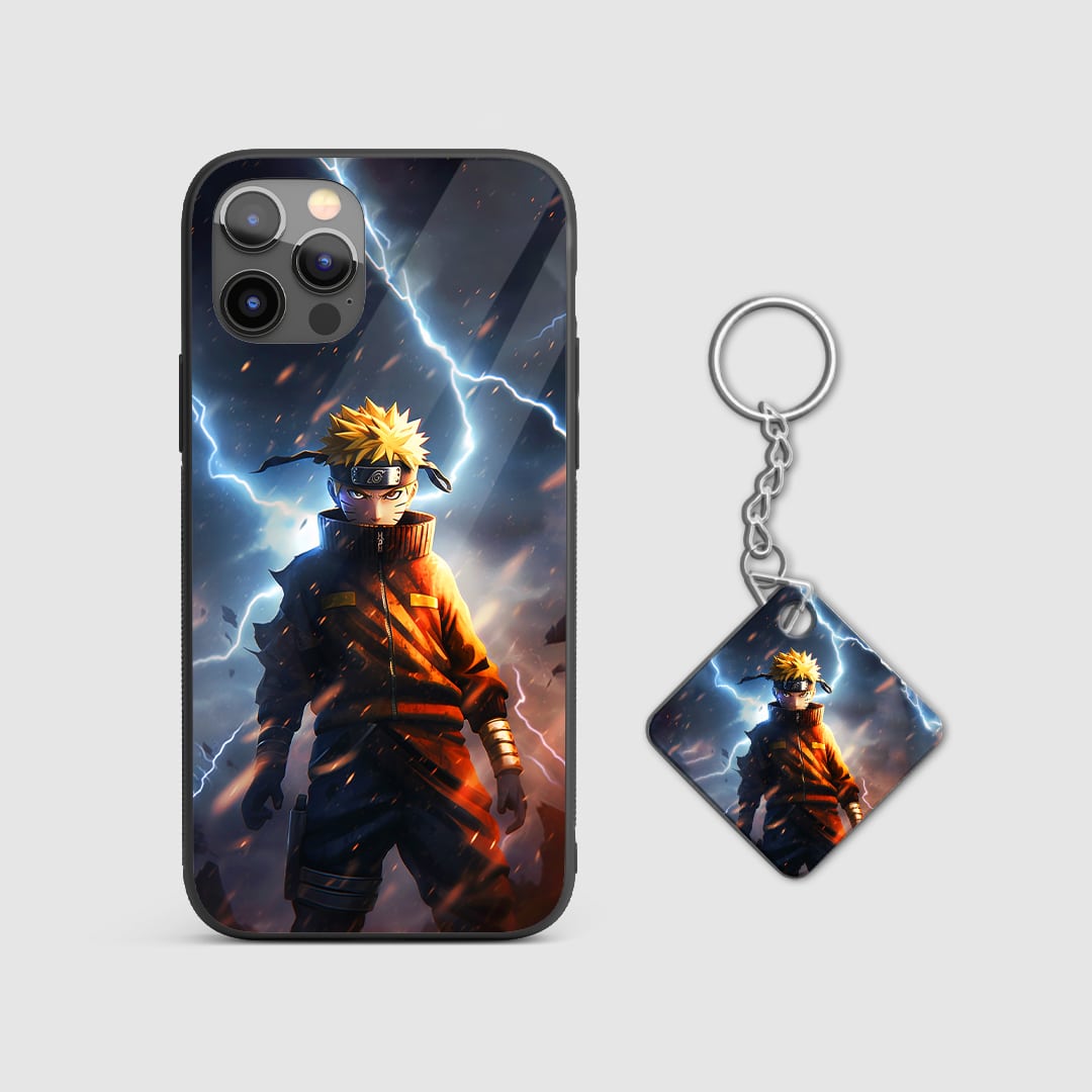Detailed view of Naruto in action on the vibrant graphic armored phone case with Keychain.