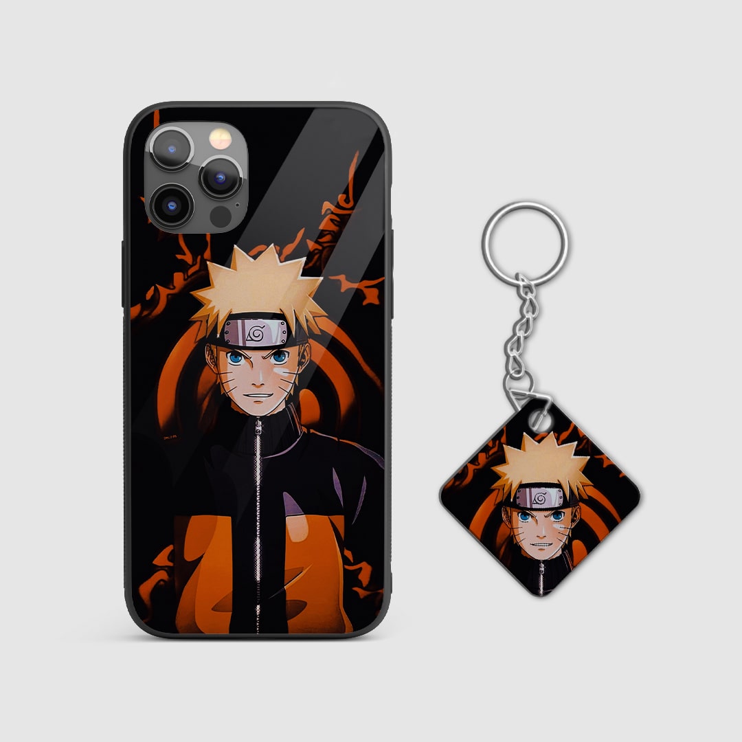 Close-up view of the sleek Naruto design on the black armored silicone phone case with Keychain.