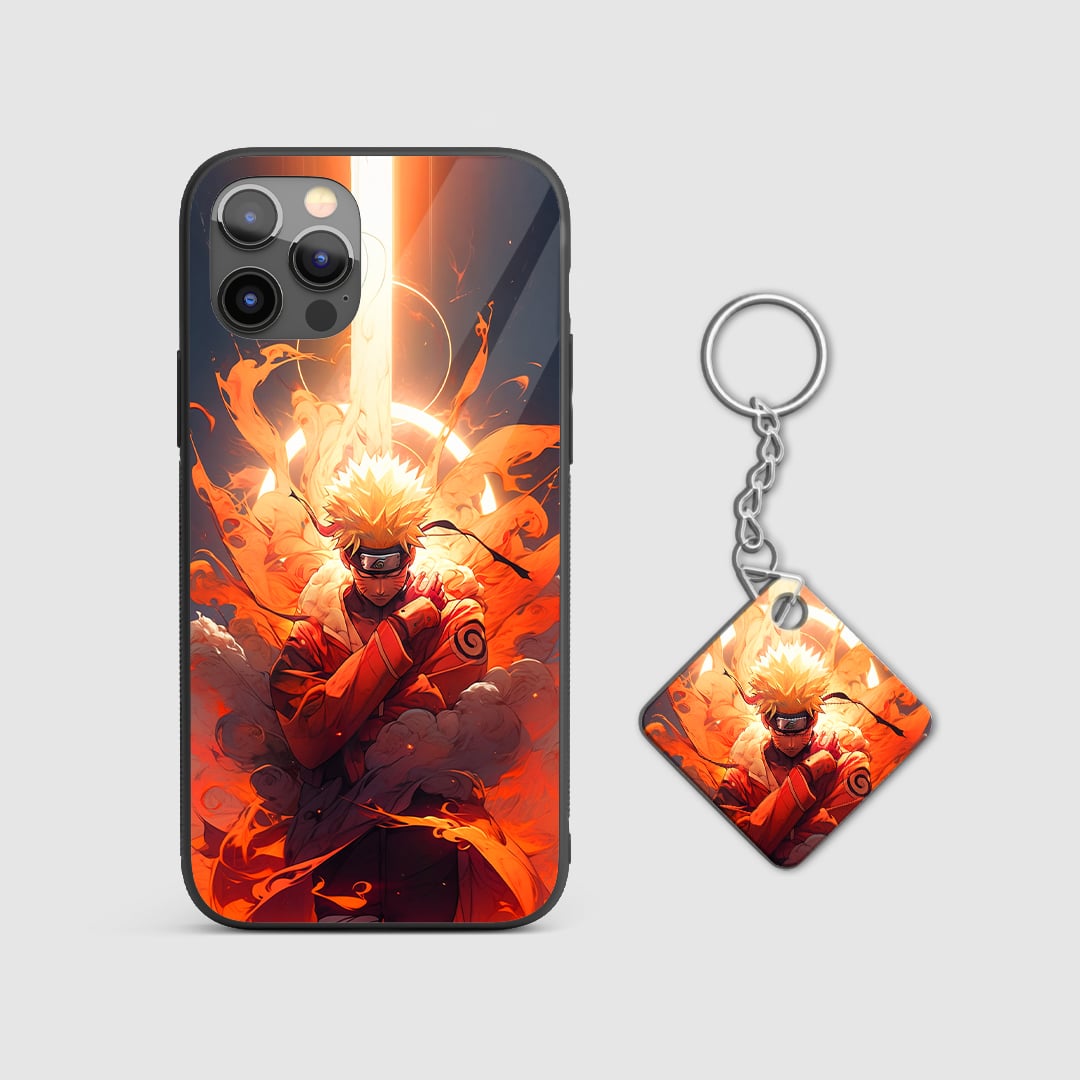 Detailed view of the vibrant Naruto artwork on the silicone armored phone case with Keychain.