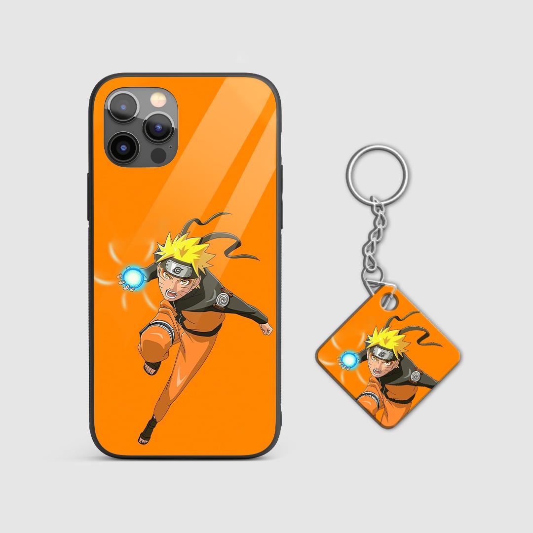 Detailed view of Naruto performing Rasengan on the armored phone case with Keychain.