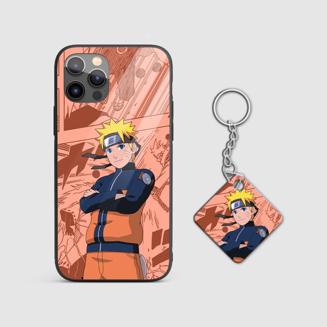 Detailed image of Naruto manga panels depicted on the armored phone case with Keychain.