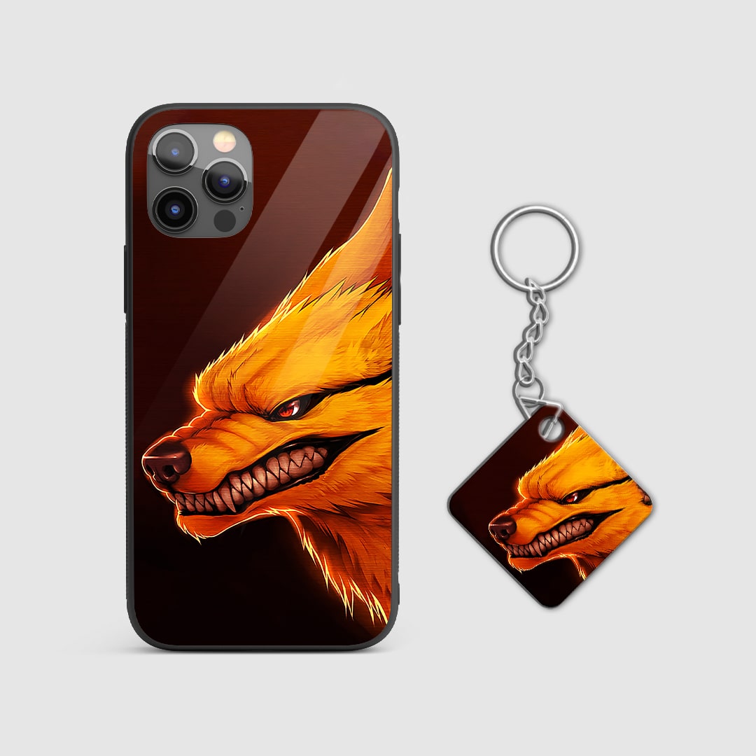 Close-up of Kurama's fiery design on the armored silicone phone case with Keychain.