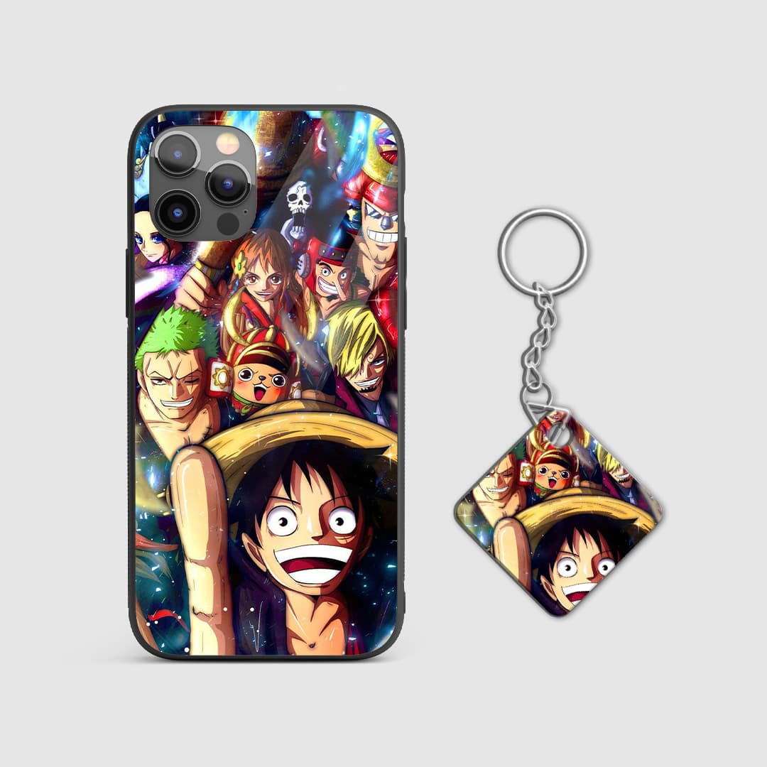 Detailed view of the colorful and dynamic One Piece themed artwork on the phone case with Keychain.