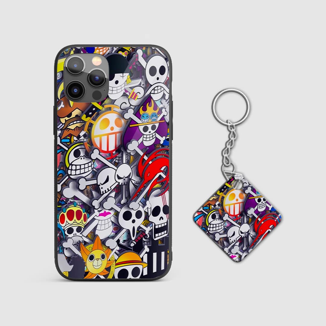 Detailed view of the fun sticker-style artwork featuring One Piece characters on the phone case with Keychain.