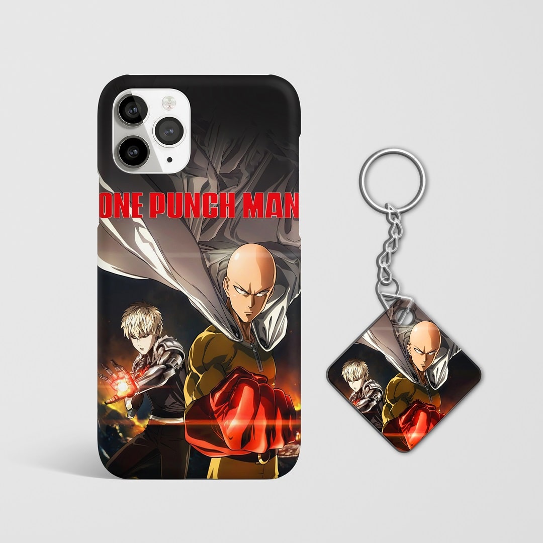 Close-up of key characters from "One Punch Man" on phone case with Keychain.
