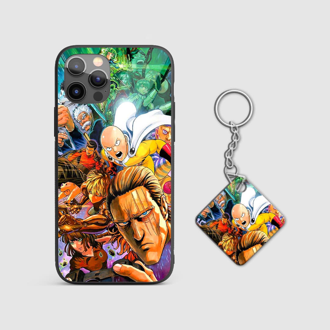 Powerful design of Saitama from One Punch Man on a durable silicone phone case with Keychain.