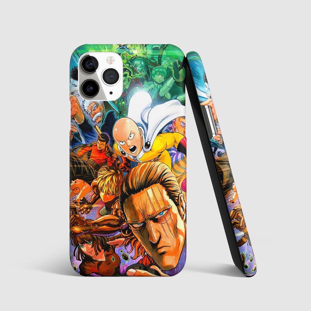 Iconic artwork of Saitama and key characters from "One Punch Man" on phone cover.