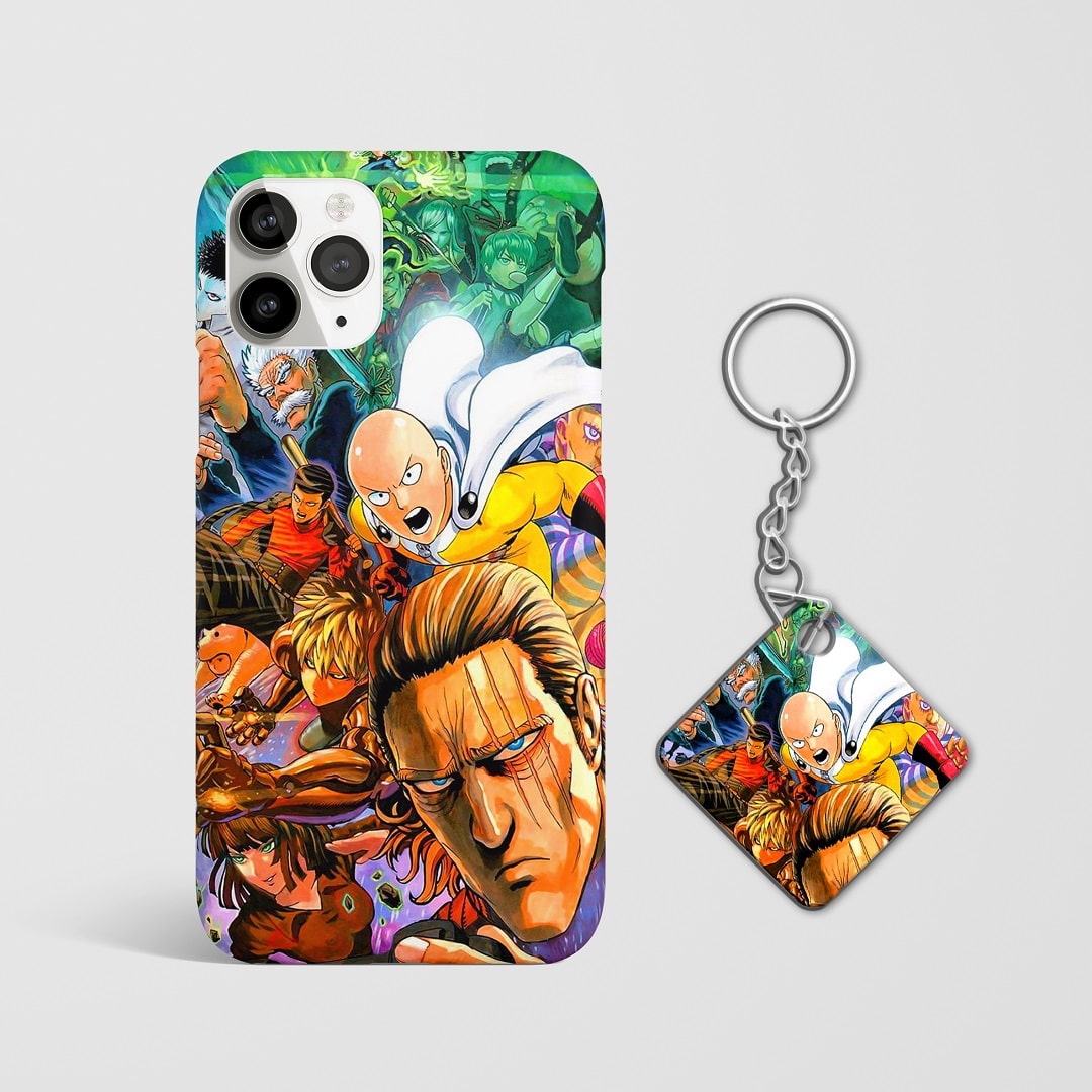 Close-up of Saitama’s expression on phone case with Keychain.