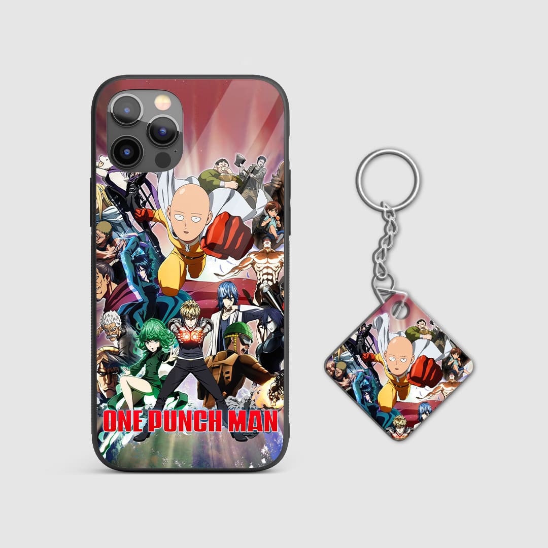 Iconic poster design of One Punch Man on a durable silicone phone case with Keychain.