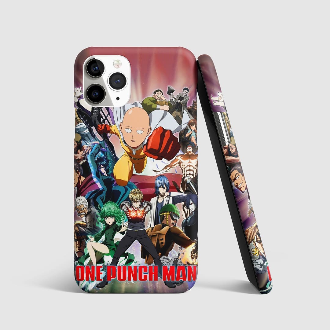 Poster-style artwork of Saitama and key characters from "One Punch Man" on phone cover.